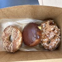Cinnamon donut, Boston cream pie, and apple fritter   at Babes in Sacramento