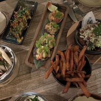 miso aubergine, sweet potato fries, KFCauliflower, Bao Schawarma  at Yuma in Zurich