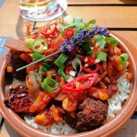 Italian 'meatballs' on rice at Rooftop Bar Mauve in Tilburg