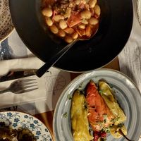 Vegan oven-baked gigantes and vegetarian feta-stuffed peppers at Ofou to lo in Crete