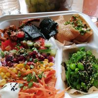 Sweet potato rice bento box with veg pockets and sea weed at Little Bento Box in Worcester