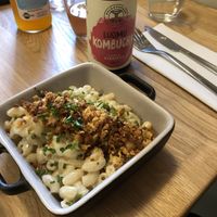 Mac n cheese and lovely cherry combucha. at Vibes by Vöner in Helsinki