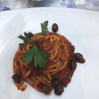 tomato linguine with olives and capers  at Monnalisa in Sorrento