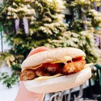 Sausage and “cheese” bap  at The Ice Cream Cottage in Tewkesbury