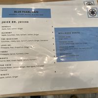 Juice menu at Blue Pearl Cafe in Ardmore
