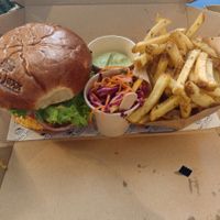 My menu: a classic hamburger, some green thing I forgot the name of, a bit of salad and well made french fries. at Eden Jaxx in Copenhagen