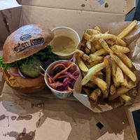 Burger, coleslaw, burger sauce and fries.

Coleslow was bad, the rest was great! at Eden Jaxx in Copenhagen