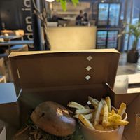 Vegan chicken burger + fries at Eden Jaxx in Copenhagen