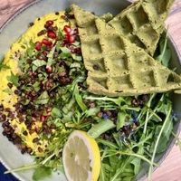 Spinach waffles with white bean and curry dip   at 1001 Saveurs Sauvages in Ajaccio