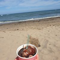 Chocolate ice cream with chocolate sauce at Bucket and Spade in Stonehaven