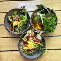 Dumplings, fried silken tofu and tofu/banana/aubergine soup at To1980 Vegan in Dusseldorf