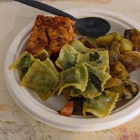 You can mix your stuff, here Lasagna Italiana, potatoes with soy chicken and Tortellini de Genova! at Jaa Nu' Rosticceria Vegana in Genoa