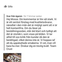 The response from the company.  at Crust Pizza Lab - Maybe closed in Malmo