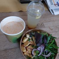 Coconut soup to go (to be poured) and home made aloe vera lemonade at An Banh Mi in Dusseldorf