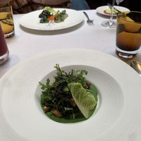 Mushrooms with pea purée  at Pied a Terre in London