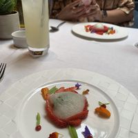 Strawberries with basil ice cream  at Pied a Terre in London