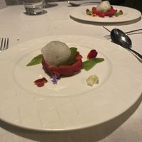 Strawberries, tonka, liquorice, basil sorbet, cocoa and coconut  at Pied a Terre in London