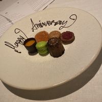 Mango pate, raspberry cake, peanut butter crisp  at Pied a Terre in London