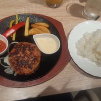 Fake meat hamburger with vegan sauces at Soleil Hibiya Okuroji in Tokyo
