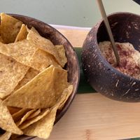 Hummus with chips at Jack Fruit in Verbania