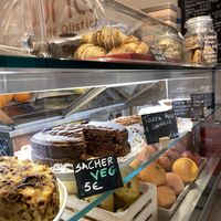 Vegan sacher, vegan apple pie, vegan buckwheat cake with blueberry jam at UNO Caffé Olistico in Bologna