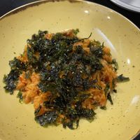 Vegan kimchi bbokkembab (fried rice) the owner offered the friend seaweed which is sweet & salty! at Ondo Korean Kitchen in Porto