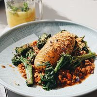 Hasselback-Potato with Broccoli and Soya Mince at Bellevue in Stuttgart