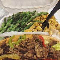 Vegan cheesesteak, seasoned string beans, seafood Mac n cheese  at Dodah's Kitchen in Baltimore
