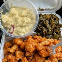 General Tso's Cauliflower, collard greens and potato salad at Dodah's Kitchen in Baltimore