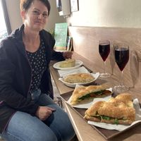 Vegan sandwich, local wine (in plastic glass). Lasagna wasn’t vegan.   at Pitti Express in Florence