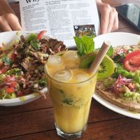 Quesadilla, Eros and passion fruit juice at Hippocrates Healthy Eatery in Randwick