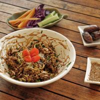 DYONISOS
Vegan Scrambled eggs w/  vegan Morcilla (spanish blood sausage), raisins, walnuts, Commandaria reduction (Cyprus sweet wine), cashew mayonnaise, black garlic & paprika at Hippocrates Healthy Eatery in Randwick