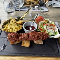 Espetada, fried polenta, french fries, salad  at Quinta Do Furão in Santana