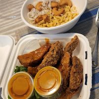 Poor man's wings (half pre coated half naked) and Skrimp Rangoon Mac + Cheese (all vegan, to go) at Stella's Lounge in Grand Rapids