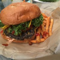 Lentil burger (Hippie stuffed) with Daiya at Stella's Lounge in Grand Rapids