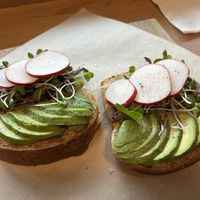Avocado toast with vegan sausage   at Isaac's Coffee in Salem