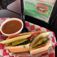 chili & a chicago dog (red onion, spicy mustard, pickle, sport pepper, tomato, celery salt) at Steve's Snappin' Dogs in Denver