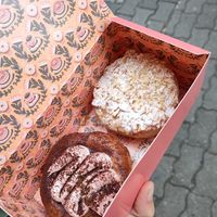 Left= tiramisu, right= almond topping and vanilla cream at Brammibal's Donuts - Alexanderplatz in Berlin