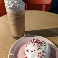 Velvet donut and espresso frappe at Brammibal's Donuts - Alexanderplatz in Berlin