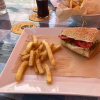 Fries and sandwich with a olive pate at Nick's Restaurant Bar in Kos