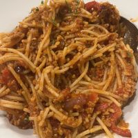 Gluten free vegan pasta with garlic olives onions and peppers to my request !    at Mom's Kitchen in Kos