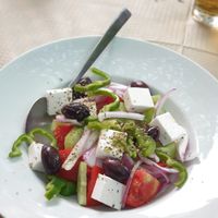 Greek salad with Vegan feta cheese  at Mom's Kitchen in Kos