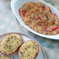 Vegan aubergine salad and Vegan garlic bread  at Mom's Kitchen in Kos