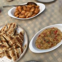 Pita bread, eggplant salad and baked beans!  at Mom's Kitchen in Kos