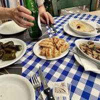 Dolmades, garlic mushrooms, hummus and pita  at Mom's Kitchen in Kos