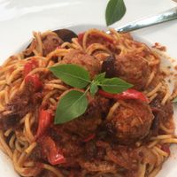 Arrabiata with vegan meatless balls. Amazing!  at Mom's Kitchen in Kos