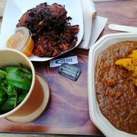 Lentil shepherd's pie, bhaji x2, padron peppers at The Vegan Street Food Company in Worthing