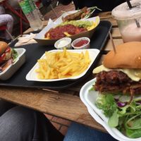 “Tuna” toasty, dirty fries, Beyond burger, normal fries, baji burger, smoothie  at The Vegan Street Food Company in Worthing