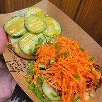 Casey's Thai Bagel and a tofu pesto spread w cucumbers and larrupin. All vegan af at Los Bagels in Arcata