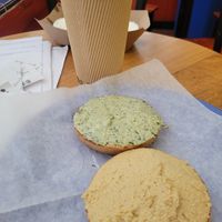 Spicy Tofu Pesto and Hummus on my local organic vegan bagel. What's not to love! at Los Bagels in Arcata